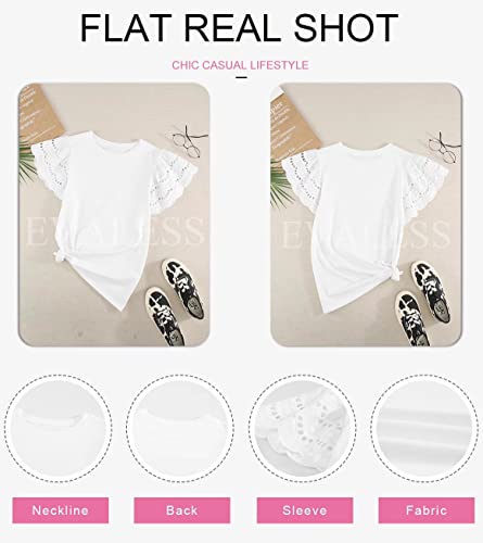 Evaless Womens Summer Tops Trendy Casual Cute Crewneck Lace Crochet Hollow Out Ruffle Short Sleeve Cotton Tee Shirt Blouses For Women White Medium #TOP4