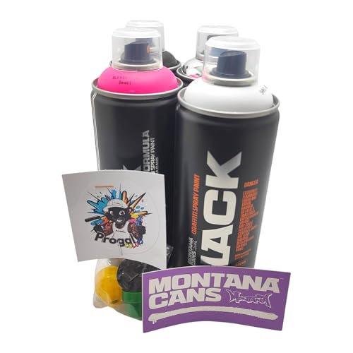 PROGAL COLORS Montana Black Peinture en aérosol pour graffiti, 400 ml, 4 couleurs (blanc, noir, fuchsia, chrome argenté), comprend 3 buses de rechange + 1 autocollant Montana Cans – vue 2