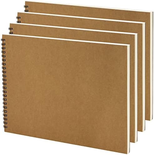 SINJEUN 4 Pack A4 Sketchbook Drawing Pad, A4 Spiral Sketch Book, 160gsm Spiral Bound Sketch Pad Hardback Kraft Cover Art Book Supplies for Students, Artists, 30 Sheets/60 Pages