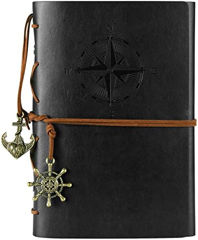 MALEDEN Leather Journal Notebook, Vintage Spiral Notebook Refillable Daily Planner Embossed Travel Journal Diary with Blank Pages and Retro Pendants (Black)