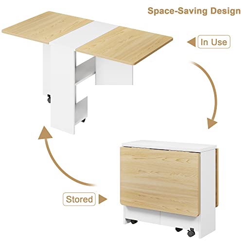 Space Saving Folding Dining Table with 2 Tier Storage-Extendable Drop Leaf Farmhouse Wood Kitchen Dining Room Tables Set for 4, Collapsible Expandable Rectangle Dinner Kitchen Office Furniture 7 Space Saving Folding Dining Table with 2 Tier Storage-Extendable Drop Leaf Farmhouse Wood Kitchen Dining Room Tables Set for 4, Collapsible Expandable Rectangle Dinner Kitchen Office Furniture - Image 7