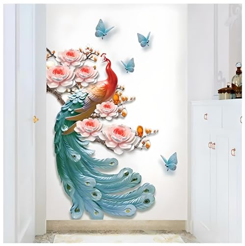 Image of JAAMSO ROYALS Peacock with Colorfull Sticker for wall, Decorative Design for Hall, wall-Stickers for Bedroom Big Size, Stickers for wall Decoration (Set of 2 Sticker Sheet)