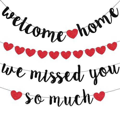 SMENGGIL Rosso Nero Welcome Home We Missed You So Much Segno Cuori Banner Bunting Benvenuto A Tema Decorazione Forniture Appeso Banner di Carta per Benvenuto Decorazioni Casa