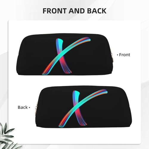 Image of Cute Initial Pencil Case for Kids Simple Leather Pencil Pouch for Boys Girls Letter Design Pencil Box Pen Bag Pencil Pouch Office Stationery Organizer, Rainbow Letter X