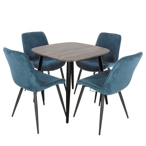 Image of Core Products Aspen 5-Piece Dining Set Casual - Square Grey-Oak Effect Table & 4 Blue Upholstered Diamond Stitch Fabric Chairs, Tapered Black Metal Legs, Living Room, Kitchen or Restaurant