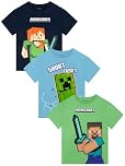 Minecraft Tshirt for Boys, Pack of 3 Gaming Boys T Shirt, Multipack Kids T Shirts, Multicoloured 7-8 Years