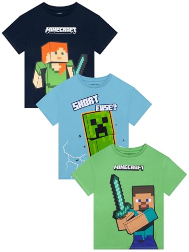 Minecraft T-Shirt pour Garçons, Lot De 3 T-Shirts Gaming pour Garçons, Pack Multiple De T-Shirts Enfants, Multicolore 7-8 Ans