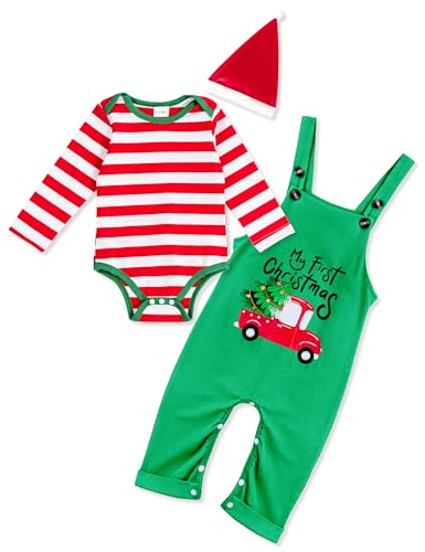Image of DAKEIK Baby Boy Christmas Outfit 0-3 Months My First Christmas Baby Boy Outfit Red Striped Long Sleeve Top Green Overalls Christmas Hat 3 Piece Set
