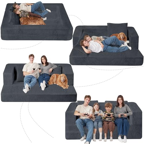 Cansunna Folding Bean Bag Chair for Adults,3-in-1 Bean Bag Couch Faux Fur Floor Sofa Large Beanbag Convertible Bean Bag Sofa Bed with Pillow in Bedroom,Living Room,Apartment(Queen,Dark Grey)