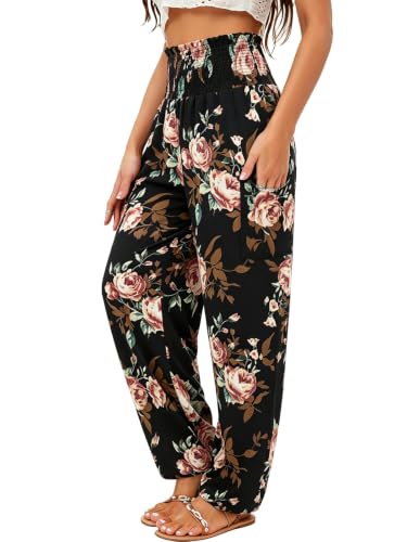 QIANXIZHAN Women's Harem Pants, High Waist Yoga Boho Trousers with Pockets Rose Black L