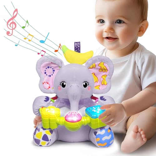 Image of Ryotagift Baby Bilingual Musical Elephant Stuffed Animals Toys,Infant Early Learning Toy with Light-Up Music & Crinkle,Tummy Time Toys for 0 3 6 9 12+ Months for Baby Boy Girl Gift,Purple