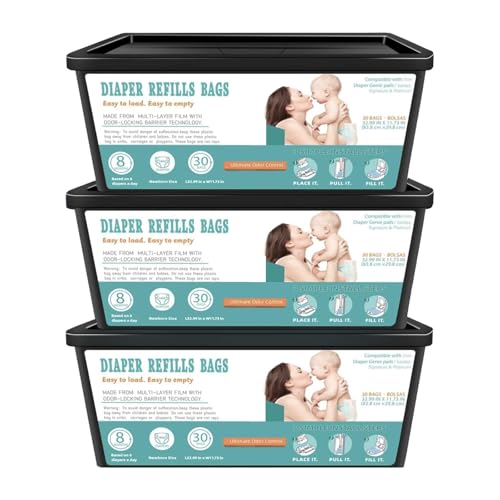 Image of Diaper Pail Easy Roll Refill Bags, Compatible with Easy Roll Signature Diaper Pail and Platinum D iaper P ail, Lasts Up to 8 Months,7-Layer Odor-Barrier Technology, 30 bags per pack (Pack of 3)