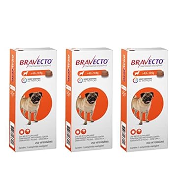Bravecto Anti Pulgas e Carrapatos - Comprimido mastigável 250 mg - Para cães com 4,5-10kg - Pack com 3 Unidades