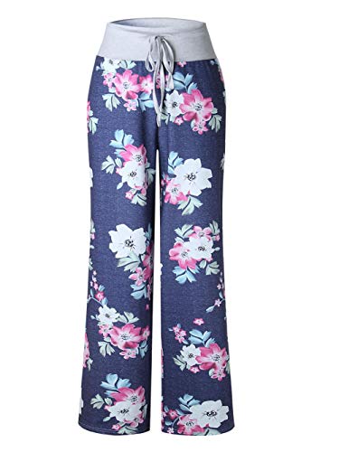 Image of iChunhua Women's Comfy Stretch Floral Print Drawstring Palazzo Wide Leg Lounge Pant