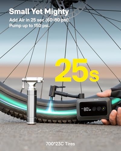 HOTO Mini Bike Tire Pump, 25s Fast Inflate Bicycle Pump with Guage, 150PSI Portable Electric Bike Air Pump with Presta and Schrader Valve for Road Bike, Motorcycle, Mountain Bike, BMX, Sports Ball