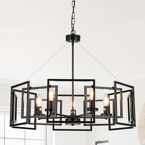 5-Light Black Geometric Chandelier,Height Adjustable Industrial Chandelier for Dining Room,Modern...