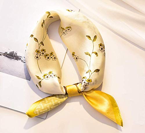 Andantino 100% Pure Mulberry Silk Small Square Scarves -21'' X 21''- Digital Printed Neckerchief –Women Men Lightweight Scarf (Yellow) #TOP3
