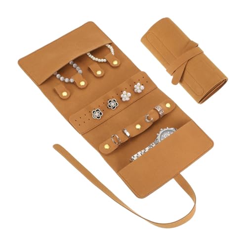 AKEIE Premium Foldable Jewelry Travel Organizer Travel Jewelry Bag Roll Bag with Tie Close Microfiber Jewelry Storage Roll Jewelry Case for Women Gift Necklaces Earrings Rings Bracelets,Brown