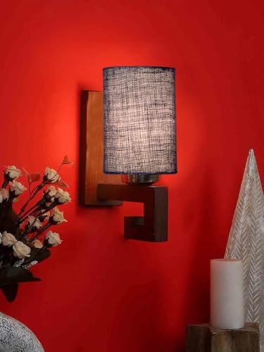 Image of Wall Lamp with Wooden Base (H- 10.9 Inch, Blue) Wall Sconce for Bedroom /Living Room, Study Room, Hall, Home Office Decor | Decorative Indoor Lighting, Warm Ambient Night Light | Barrel Shape