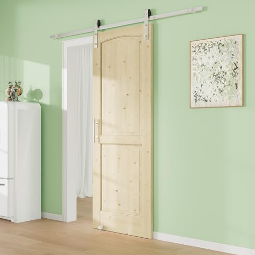 Image of 36 inch x 80 inch Presembled 2 Raised Panels Barn Door with 72 inch Track Kit, Pine Wood Sliding Barn Doors for Closet Kitchen Bedroom Pantry, Excellent Sound & Thermal Insulation, Nickel-Plated Hardware Kit