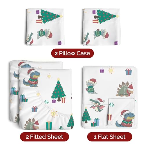 Split King Christmas Dinosaurs Sheet Set - Holiday Xmas Pattern Bedding Set - Deep Pockets - Snug Fit - 5 Piece - Wrinkle Free & Cozy - Festive Winter - Holiday Sheets for Women, Men, Kids and Teens