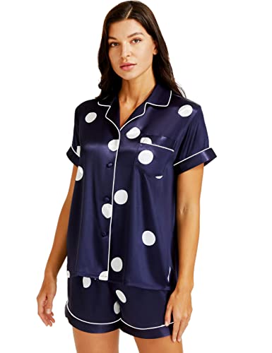 Lonxu Womens Satin Pajamas Set Classic Navy Blue M #TOP14