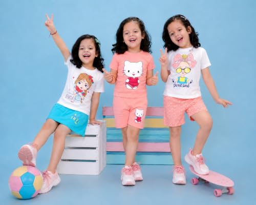 Image of Chandrika Kids Cotton Coordinated Set Pack of 3 half Sleeve And sleeveless T-Shirts & Shorts and skirt Baby Girls Summer Dress Combo