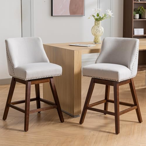 Majnesvon Sillas de Barra Giratorias Juego de 2, 26" de Altura de Asiento, Taburetes Tapizados con Patas de Madera Maciza y Respaldo para Isla de Cocina Comedor y Pub (Beige) miniatura 1