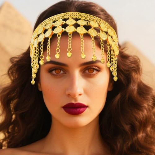 Aukmla Gold Coin Headband Belly Dance Head Chain Sequin Costume Headpiece Hair Accessories for Women - Thumbnail 5