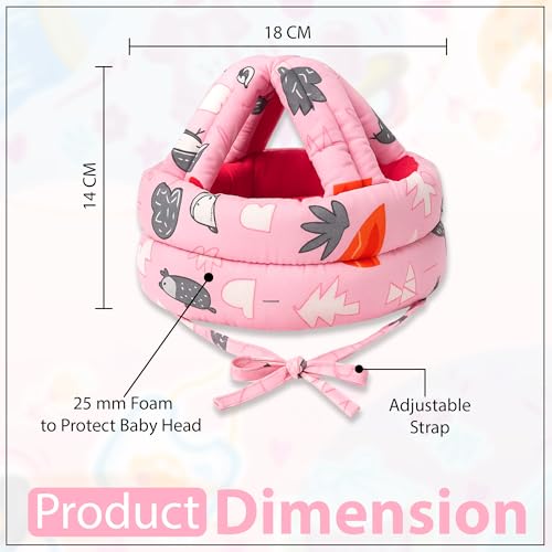 Image of GLUN Baby Head Safety Helmet, Pack of 1 Pink Printed Colour, Lightweight & Breathable Safety Head Protector Helmet, Crawling, Soft Cushion Safety Headguard, 6-12 Months Cushion Bumper