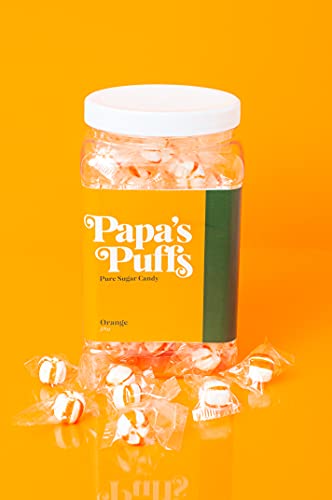 Papa's Puffs Orange Flavored Pure Sugar Candy - Individually Wrapped In Resealable Tub -- Fat-Free, Gluten-Free, Cholesterol-Free - Manufactured In The Usa #TOP1