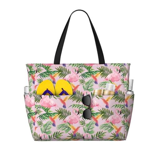 Large Beach Bags Water-resistant Sandproof - Tropical Flamingo Hummingbird Cute Beach Tote Bags for Women with Zipper