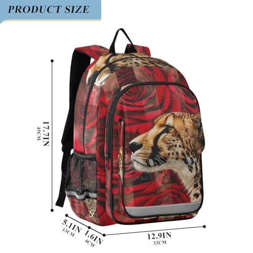 Backpack Leopard Front Roses Red Travel Laptop Daypack Shoulder Bag Book Bag Daypack with Reflective Strip 12.9 ×17.7 In2