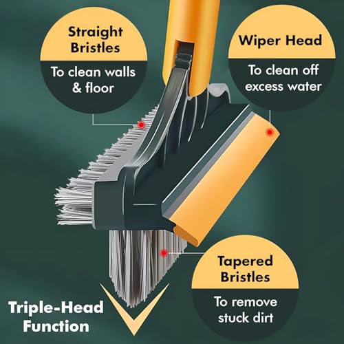 Image of Toilet Bathroom Cleaning Brush with Wiper and Long Handle - 180 Rotate Floor Scrub Brush for Tiles, Home Kitchen Bathroom Accessories (3 in 1 Brush)