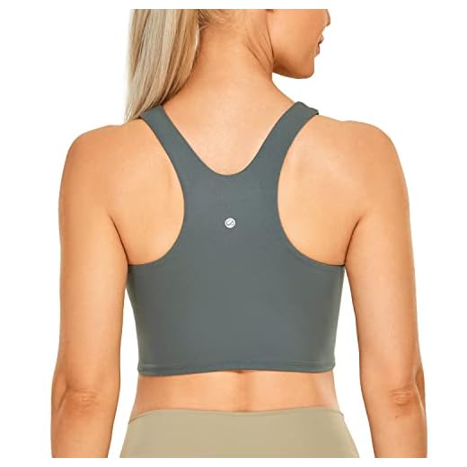 CRZ YOGA Dam hög hals lång sport-bh brottarrygg magtröja yoga linne med inbyggd bh, gråsage, M