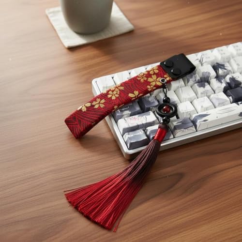 KESOTO Sangle Tissu Clavier Lanière Ornement Clavier Breloque Décorative Pompon Élégant Tissu Brunis et Finition Dorée avec Attache Latérale Sûre Convient à, Noir, Blanc Vague Acc – vue 4