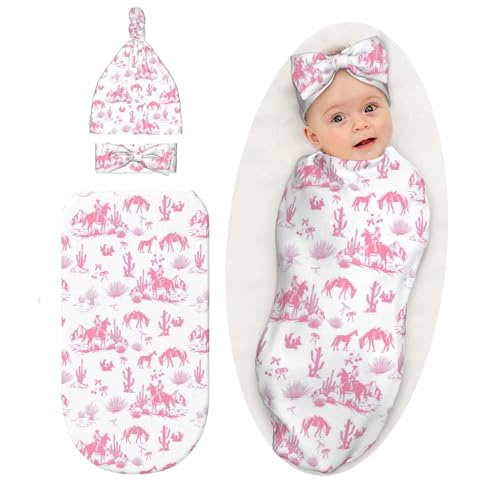 Image of Western Cowboy Cactus Pink Baby Stuff Swaddle Blanket Wrap Baby Newborn Blanket Soft Stretchy with Headband Hat Set Gift for Infant Boy Girl