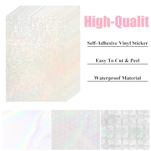 STARVAST 90 Sheets Holographic Cold Laminate Sheets, Transparent Self-Adhesive Vinyl Laminate Film for Sticker Paper, A4 Size Waterproof Overlamination - Gem, Rainbow, Spot, Star Patterns - Thumbnail 3