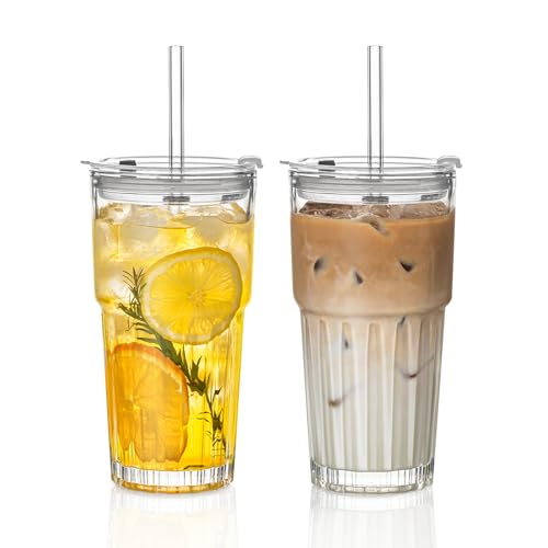 INSETLAN 2 Stück Glas mit Deckel und Strohhalm, 600ml Klassisch Eiskaffee-Gläser mit Glasstrohhalmen & Reinigungsbürsten – Wiederverwendbare Trinkgläser für Smoothies, Iced Latte und Matcha