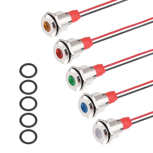 PATIKIL 5Pcs 12mm(15/32") Indicator Light,12V-24V AC/DC 20mA LED Metal Signal Lamp Waterproof IP67 Flat Head Signal Lights with 150mm(5.9") Cable for Boat Car,White/Red/Blue/Green/Yellow