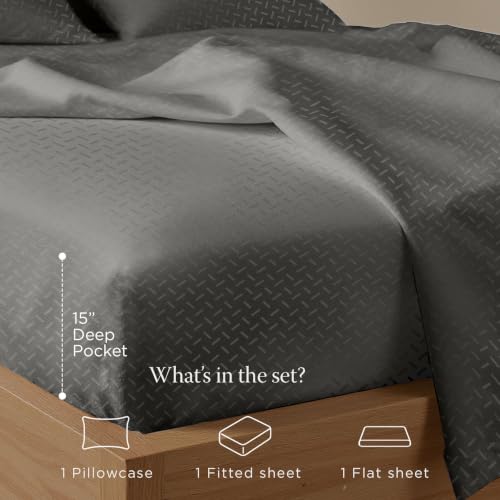 Image of Threadmill 300TC Cotton Twin Sheet Set, Sateen, Jacquard, Dark Grey | 100% Cotton, Sateen Weave, Jacquard Pattern, 3-Piece Set, 16 inch Deep Pocket, Cooling, Breathable, OEKO-TEX Certified