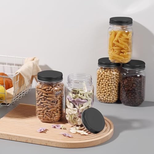 novelinks 16 oz Clear Plastic Jars with Lids, Refillable 16oz Mason Jars with Lids & Storage Containers for Kitchen & Household Use (10 Pack,Black)