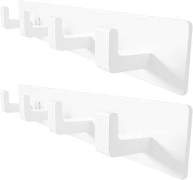 White Coat Rack Wall Mount - 12.5" Rail with 4 Right-Angle Hooks2 Pack