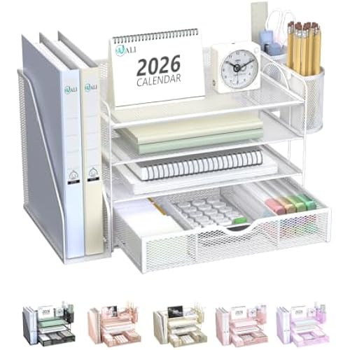 WALI Desk File Organizer, 4 Tier Desktop Paper Letter Tray Organizer with Drawer and 2 Pen Holders, Office Desk Accessories & Workspace Organizers for Office, Home Supplies(DO005DH-W), 1 Pack, White