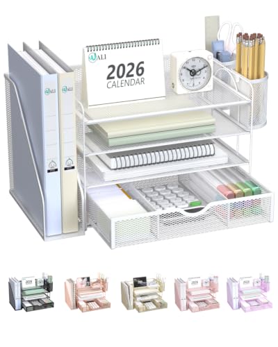 Image of WALI Desk File Organizer, 4 Tier Desktop Paper Letter Tray Organizer with Drawer and 2 Pen Holders, Office Desk Accessories & Workspace Organizers for Office, Home Supplies(DO005DH-W), 1 Pack, White