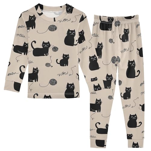 Fustylead Cute Black Cats Playing with Yarn Cotton Pajamas Set 2 Piece Long Sleeve Pjs Sleepwear