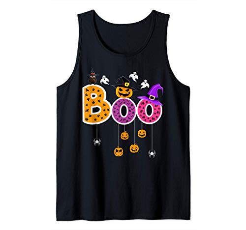 Boo Halloween Costume Spiders, Pumkin, Ghosts and Witch Hat t-shirt sem mangas