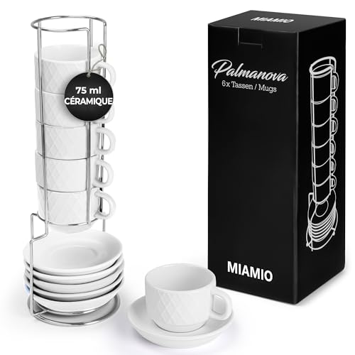MIAMIO - 6 tasses à espresso de 75 ml/Ensemble de tasses à espresso en céramique à motif de diamant - Collection Palmanova (blanc)
