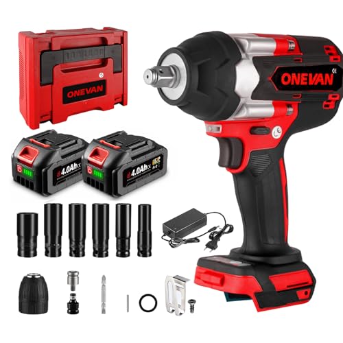 ONEVAN Clé à Chocs Sans Fil 1000 Nm avec 2 Batteries 4,0 Ah – Clé à Chocs à Percussion Sans Balais 1/2 – Clé Dynamométrique Électrique pour Réparation Auto, Échafaudage & Montage Lourd (Rouge)