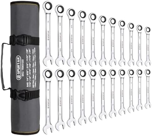 Spurtar 22 Pieces Ratchet Wrenches Set 1/4''-3/4'' & 6-18mm Ratcheting Wrench Set 72 Teeth Combination Wrench Sets CR-V Steel Mirror Finish Ratchet Wrench Set with Portable Carrying Bag Gadget for Men